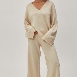 Knitted V Neck Sweater and Pants Lounge Set